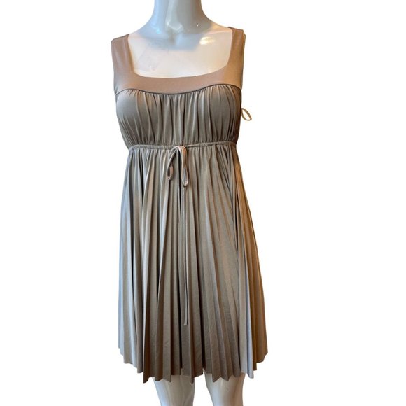 Mai Tai Womens Pleated Mini Dress D3287CA Tie Waist Square Neck Brown SZ Medium - Picture 1 of 5